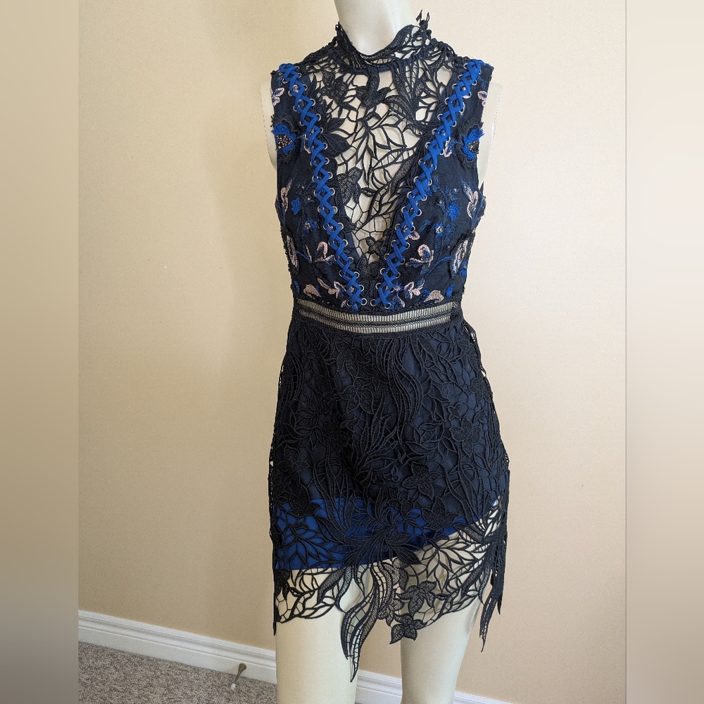 Self Portrait Black Blue Lace High Neck Midi Short Dress Women's Size 6